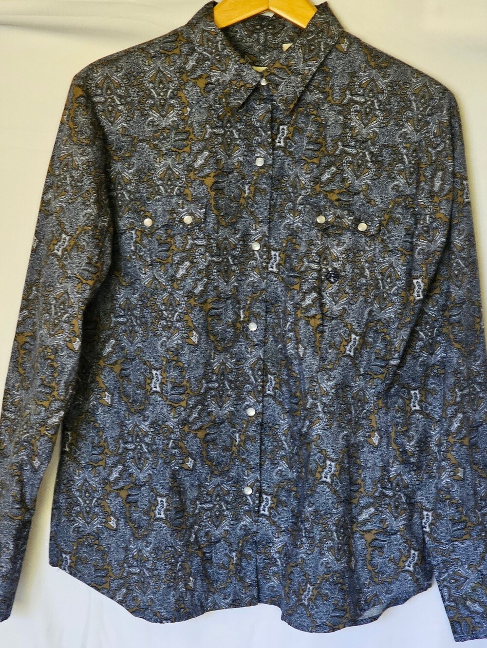 Ladies Roper Western Pearl Snap Shirt in Paisley Blue & Brown Accent Color Sz XL